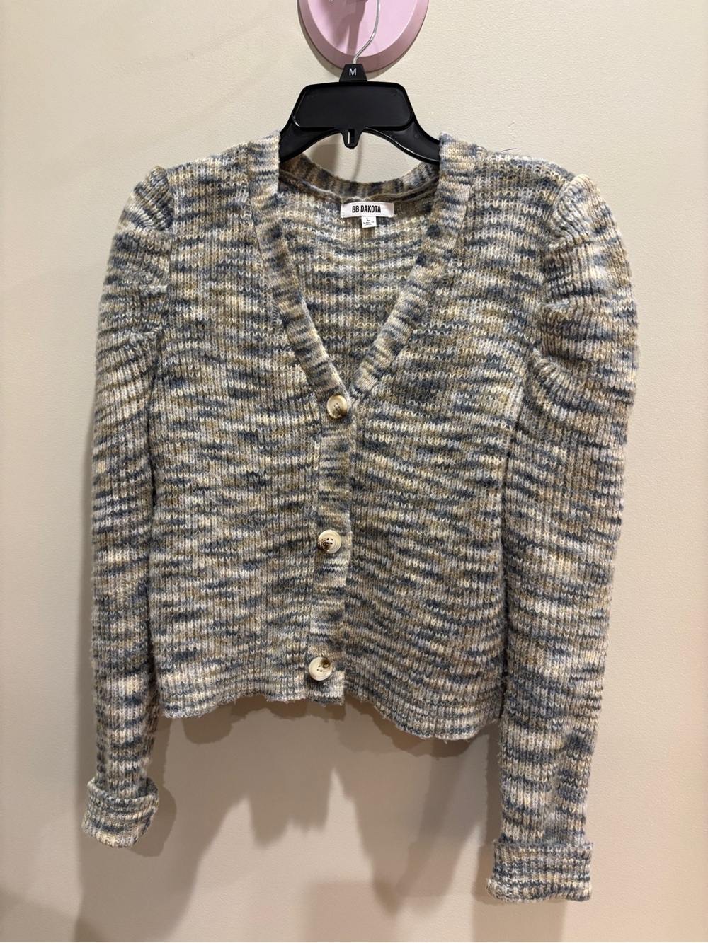 BB Dakota Peri Knit Puff Sleeve multi colored Cardigan Sweater, sz L